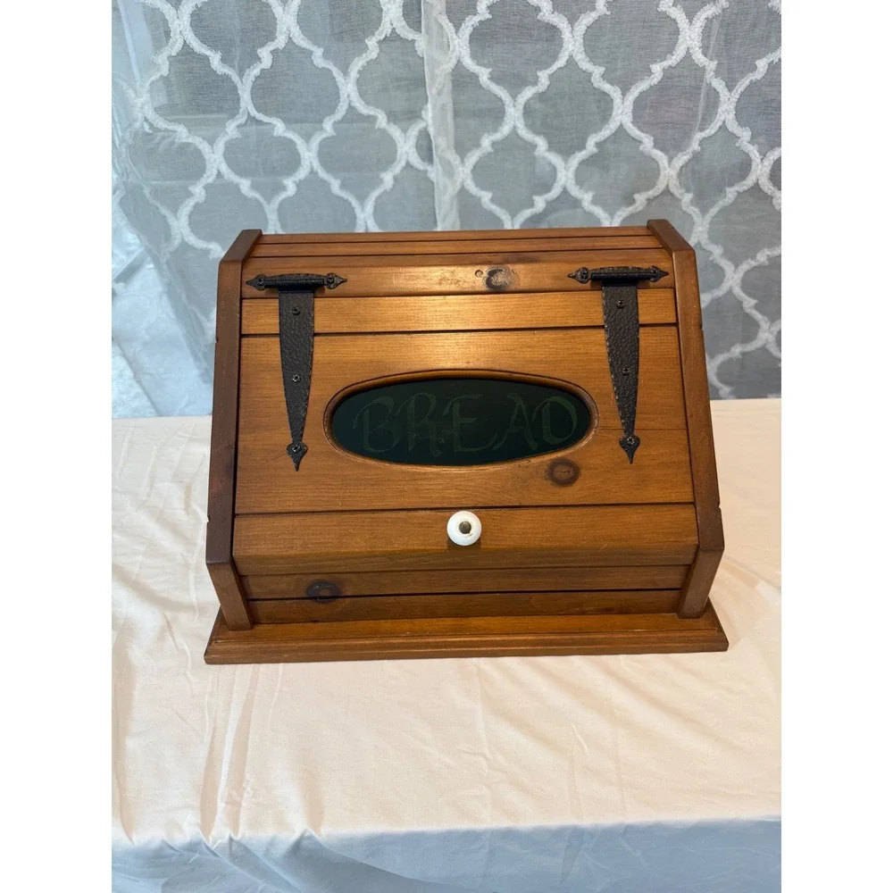 Vintage Wooden Bread Box Farmhouse, Cottagecore, Etched Glass - Nearly Perfect!
